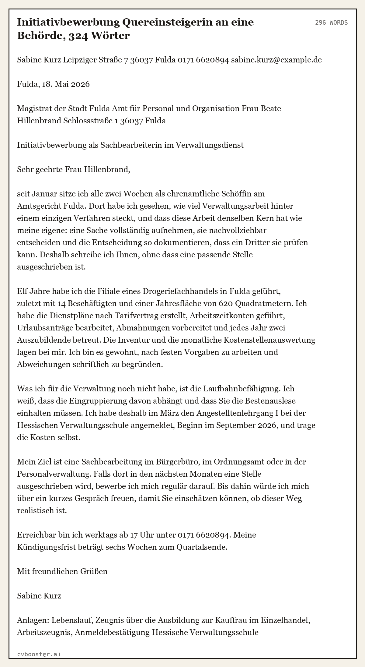 Ausgearbeitetes Beispiel: Initiativbewerbung Quereinsteigerin an eine Behörde, 324 Wörter, 296 Wörter