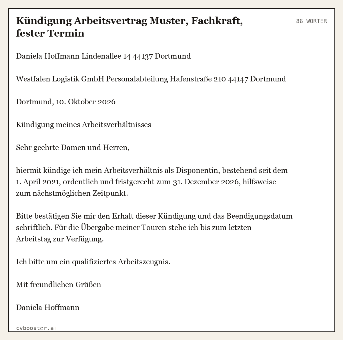Ausgearbeitetes Beispiel: Kündigung Arbeitsvertrag Muster, Fachkraft, fester Termin, 86 Wörter
