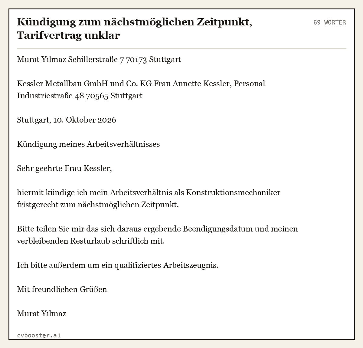 Ausgearbeitetes Beispiel: Kündigung zum nächstmöglichen Zeitpunkt, Tarifvertrag unklar, 69 Wörter