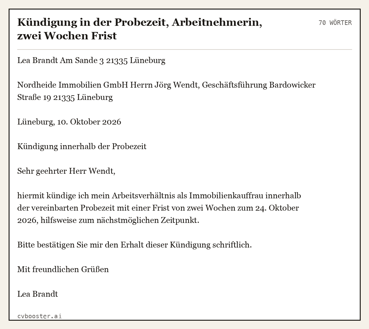 Ausgearbeitetes Beispiel: Kündigung in der Probezeit, Arbeitnehmerin, zwei Wochen Frist, 70 Wörter