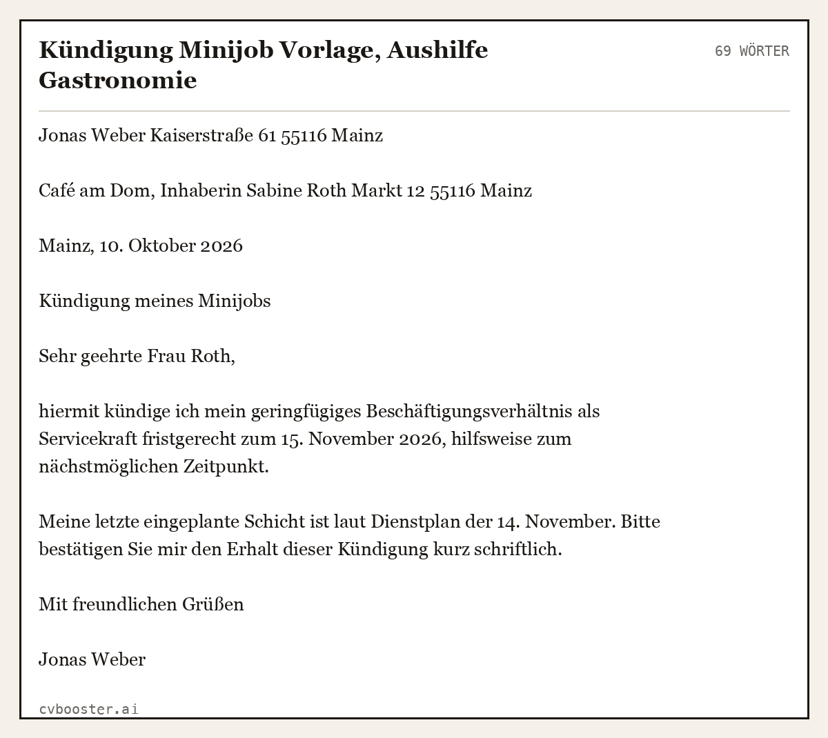 Ausgearbeitetes Beispiel: Kündigung Minijob Vorlage, Aushilfe Gastronomie, 69 Wörter