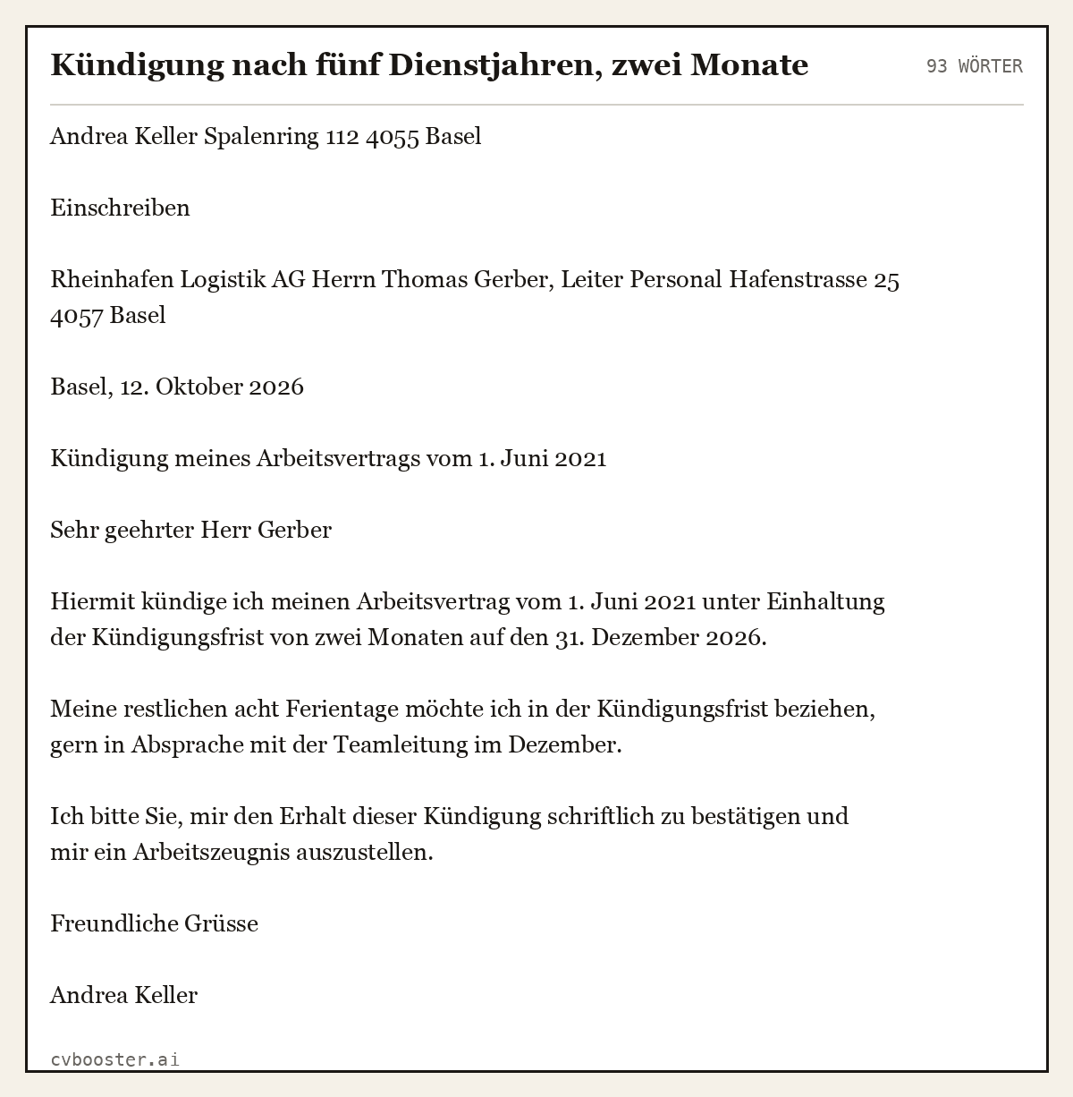Ausgearbeitetes Beispiel: Kündigung nach fünf Dienstjahren, zwei Monate, 93 Wörter
