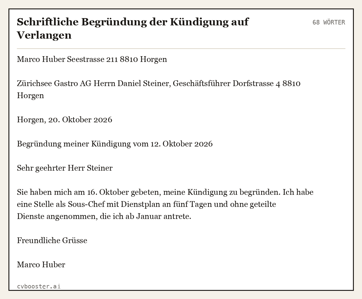 Ausgearbeitetes Beispiel: Schriftliche Begründung der Kündigung auf Verlangen, 68 Wörter