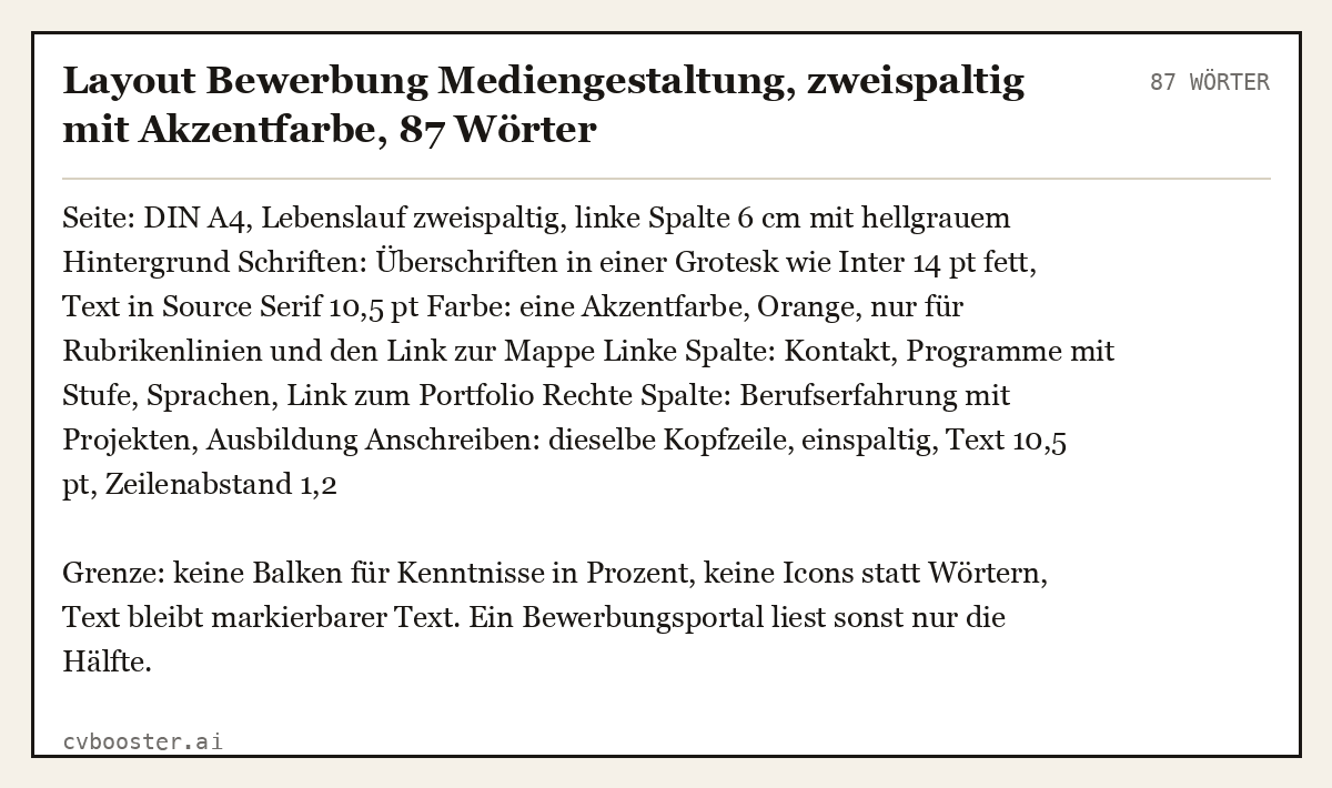 Ausgearbeitetes Beispiel: Layout Bewerbung Mediengestaltung, zweispaltig mit Akzentfarbe, 87 Wörter