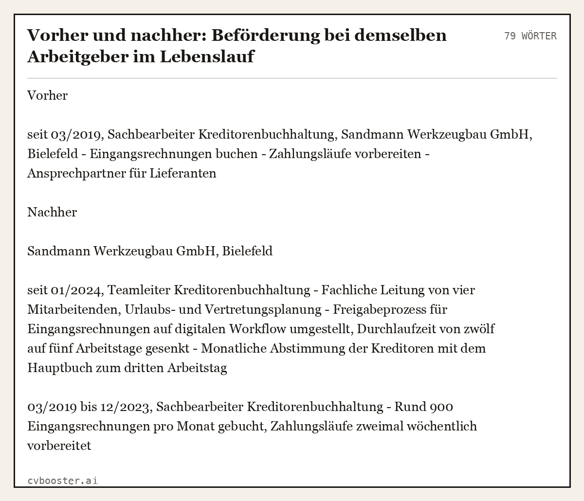 Ausgearbeitetes Beispiel: Vorher und nachher: Beförderung bei demselben Arbeitgeber im Lebenslauf, 79 Wörter