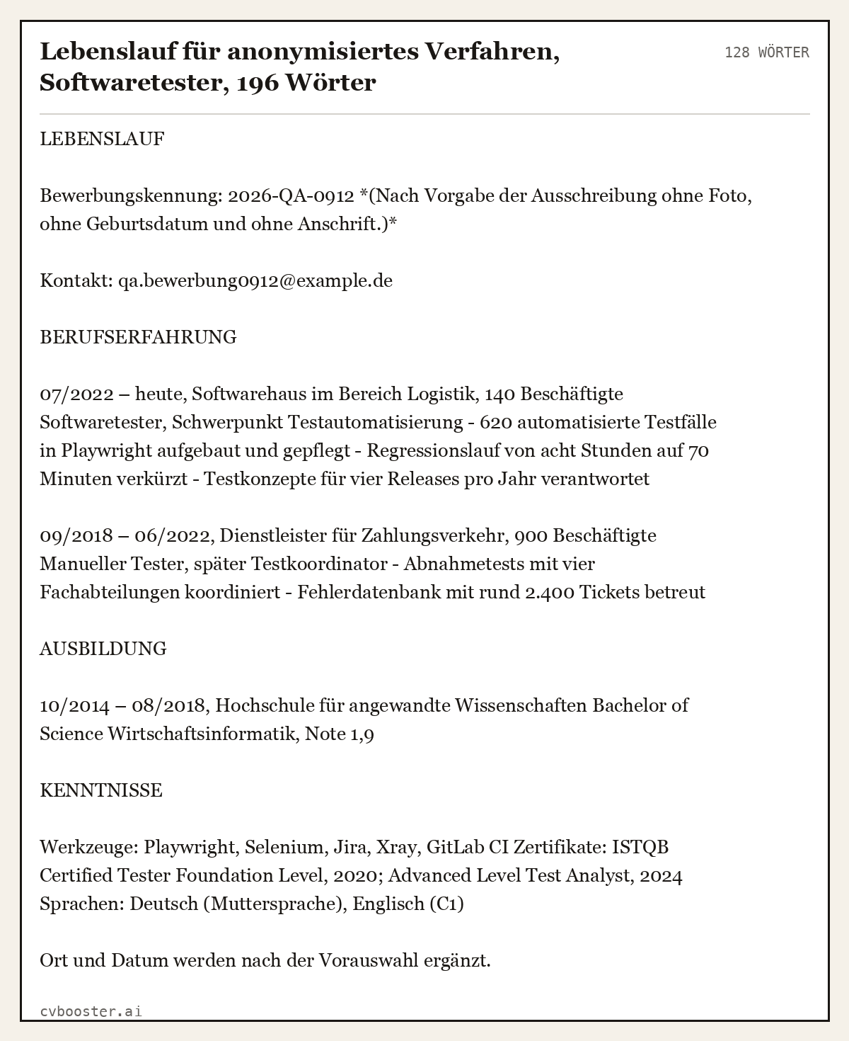 Ausgearbeitetes Beispiel: Lebenslauf für anonymisiertes Verfahren, Softwaretester, 196 Wörter, 128 Wörter