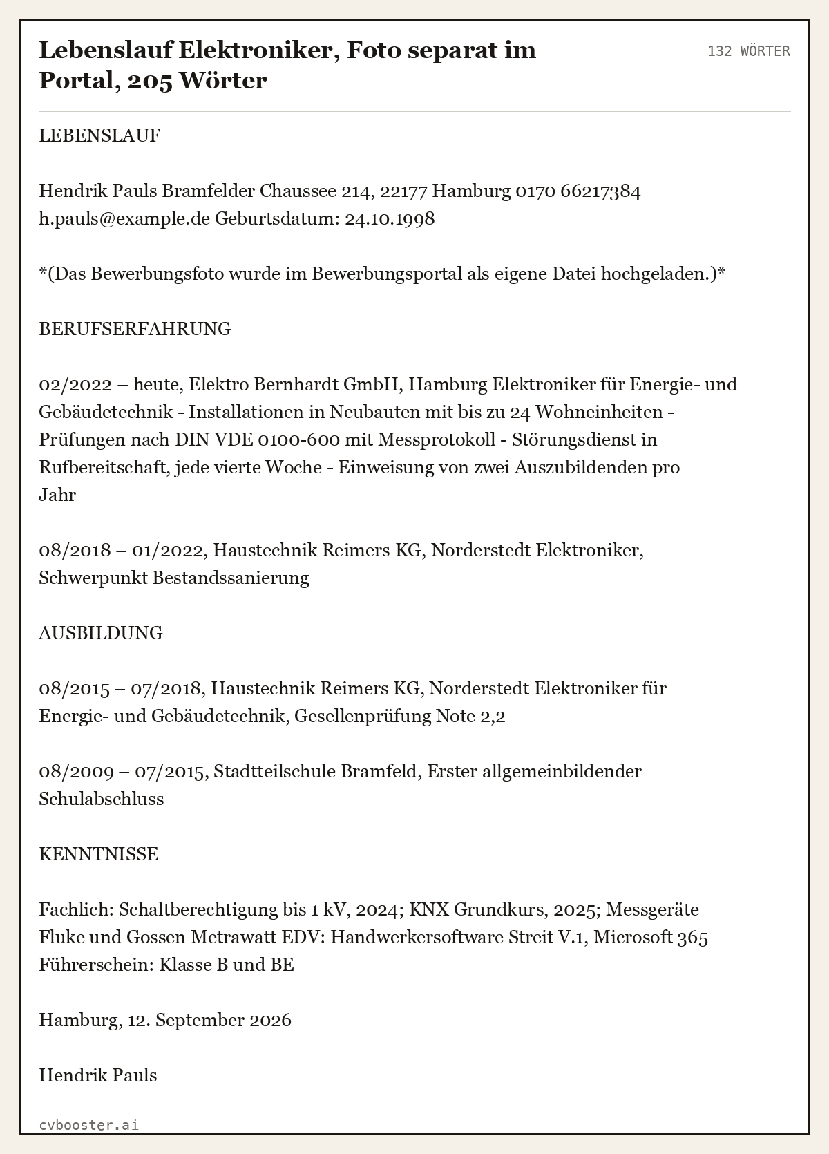 Ausgearbeitetes Beispiel: Lebenslauf Elektroniker, Foto separat im Portal, 205 Wörter, 132 Wörter
