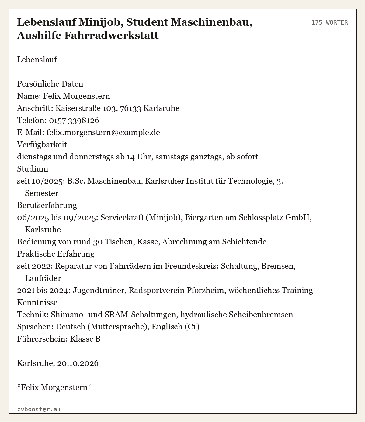 Ausgearbeitetes Beispiel: Lebenslauf Minijob, Student Maschinenbau, Aushilfe Fahrradwerkstatt, 175 Wörter