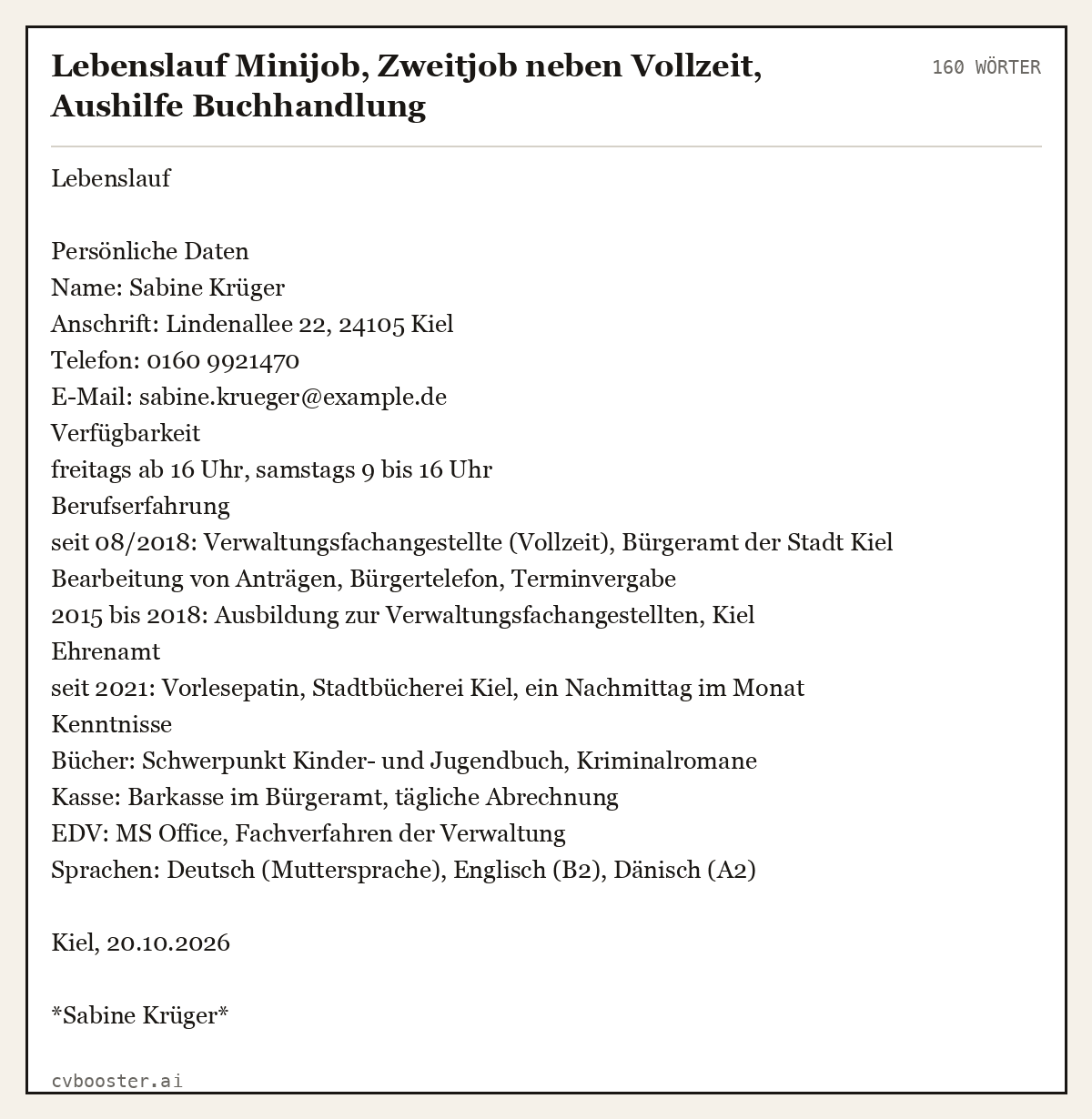 Ausgearbeitetes Beispiel: Lebenslauf Minijob, Zweitjob neben Vollzeit, Aushilfe Buchhandlung, 160 Wörter