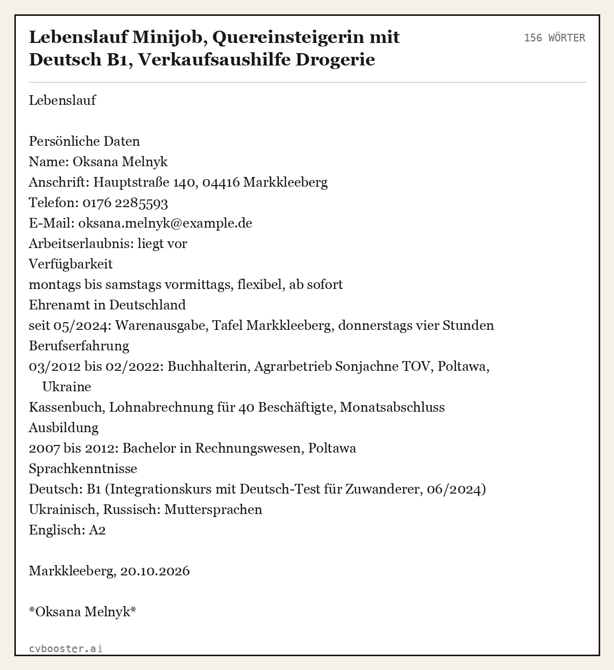 Ausgearbeitetes Beispiel: Lebenslauf Minijob, Quereinsteigerin mit Deutsch B1, Verkaufsaushilfe Drogerie, 156 Wörter