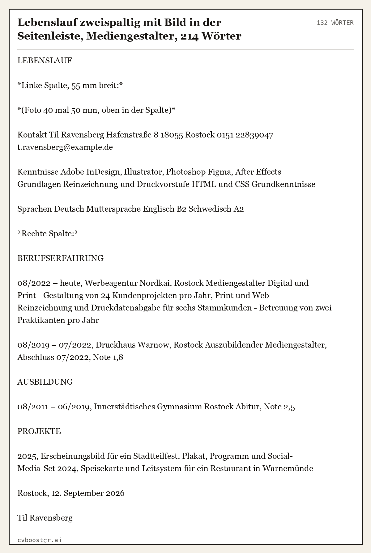 Ausgearbeitetes Beispiel: Lebenslauf zweispaltig mit Bild in der Seitenleiste, Mediengestalter, 214 Wörter, 132 Wörter