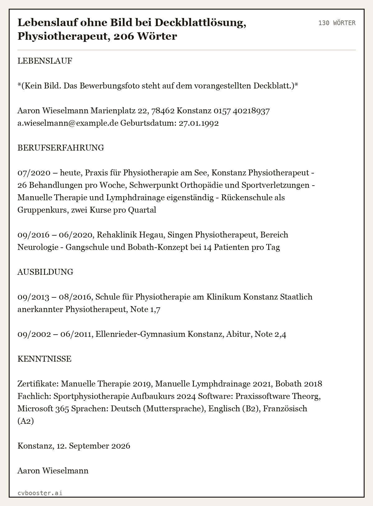 Ausgearbeitetes Beispiel: Lebenslauf ohne Bild bei Deckblattlösung, Physiotherapeut, 206 Wörter, 130 Wörter