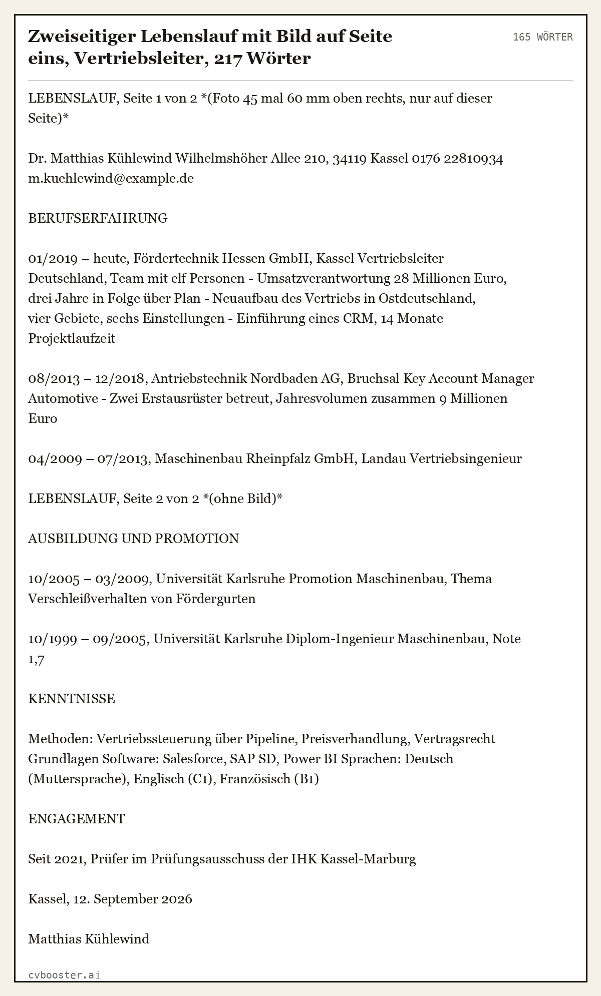 Ausgearbeitetes Beispiel: Zweiseitiger Lebenslauf mit Bild auf Seite eins, Vertriebsleiter, 217 Wörter, 165 Wörter