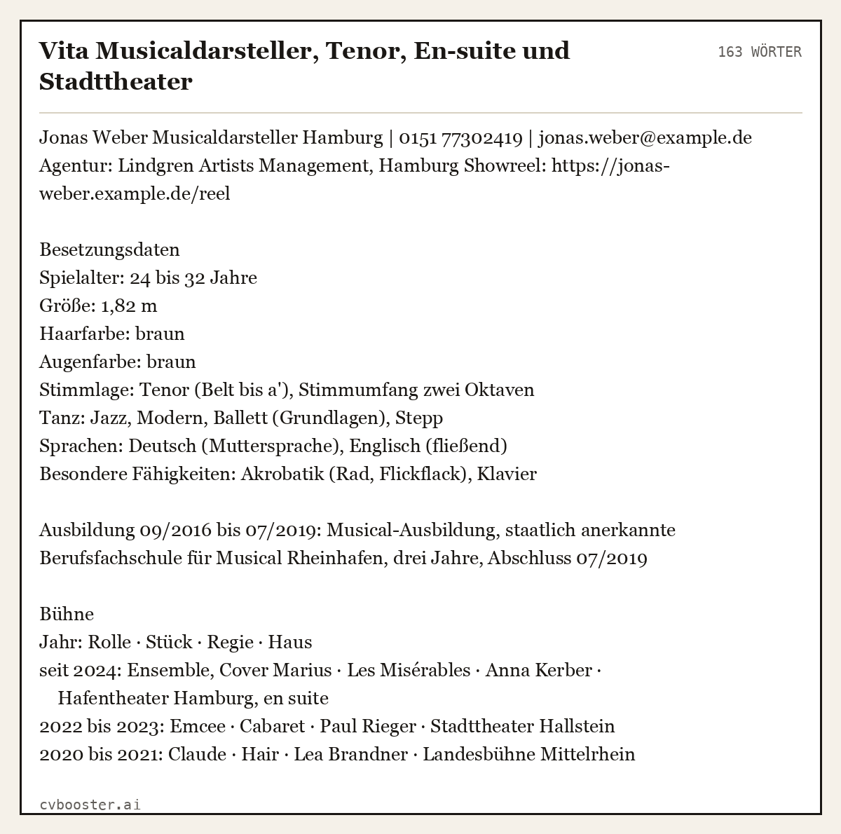 Ausgearbeitetes Beispiel: Vita Musicaldarsteller, Tenor, En-suite und Stadttheater, 163 Wörter