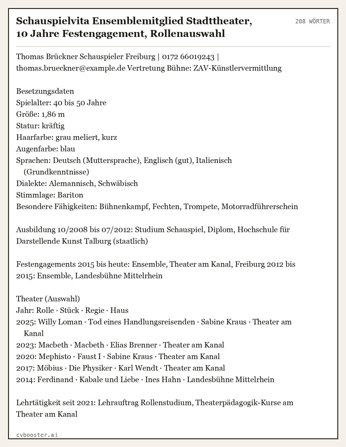 Ausgearbeitetes Beispiel: Schauspielvita Ensemblemitglied Stadttheater, 10 Jahre Festengagement, Rollenauswahl, 208 Wörter
