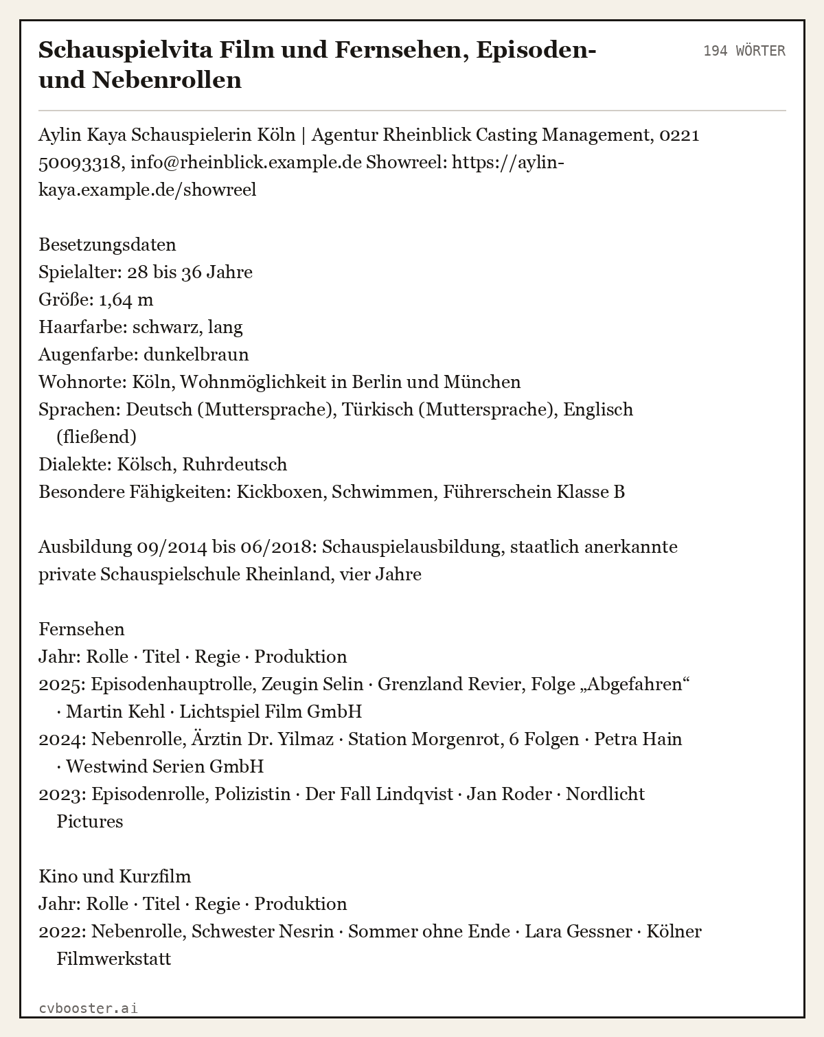 Ausgearbeitetes Beispiel: Schauspielvita Film und Fernsehen, Episoden- und Nebenrollen, 194 Wörter
