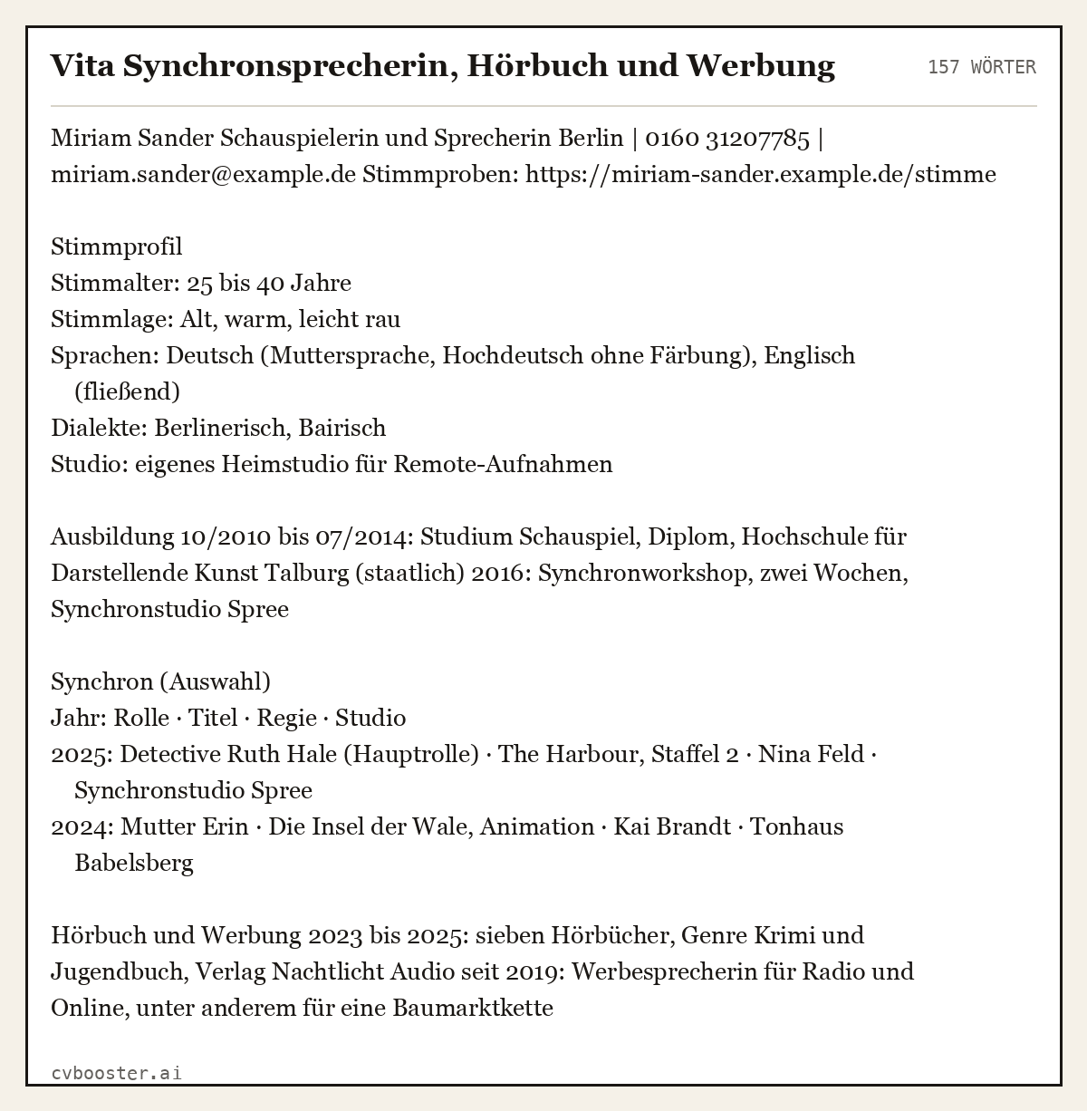 Ausgearbeitetes Beispiel: Vita Synchronsprecherin, Hörbuch und Werbung, 157 Wörter