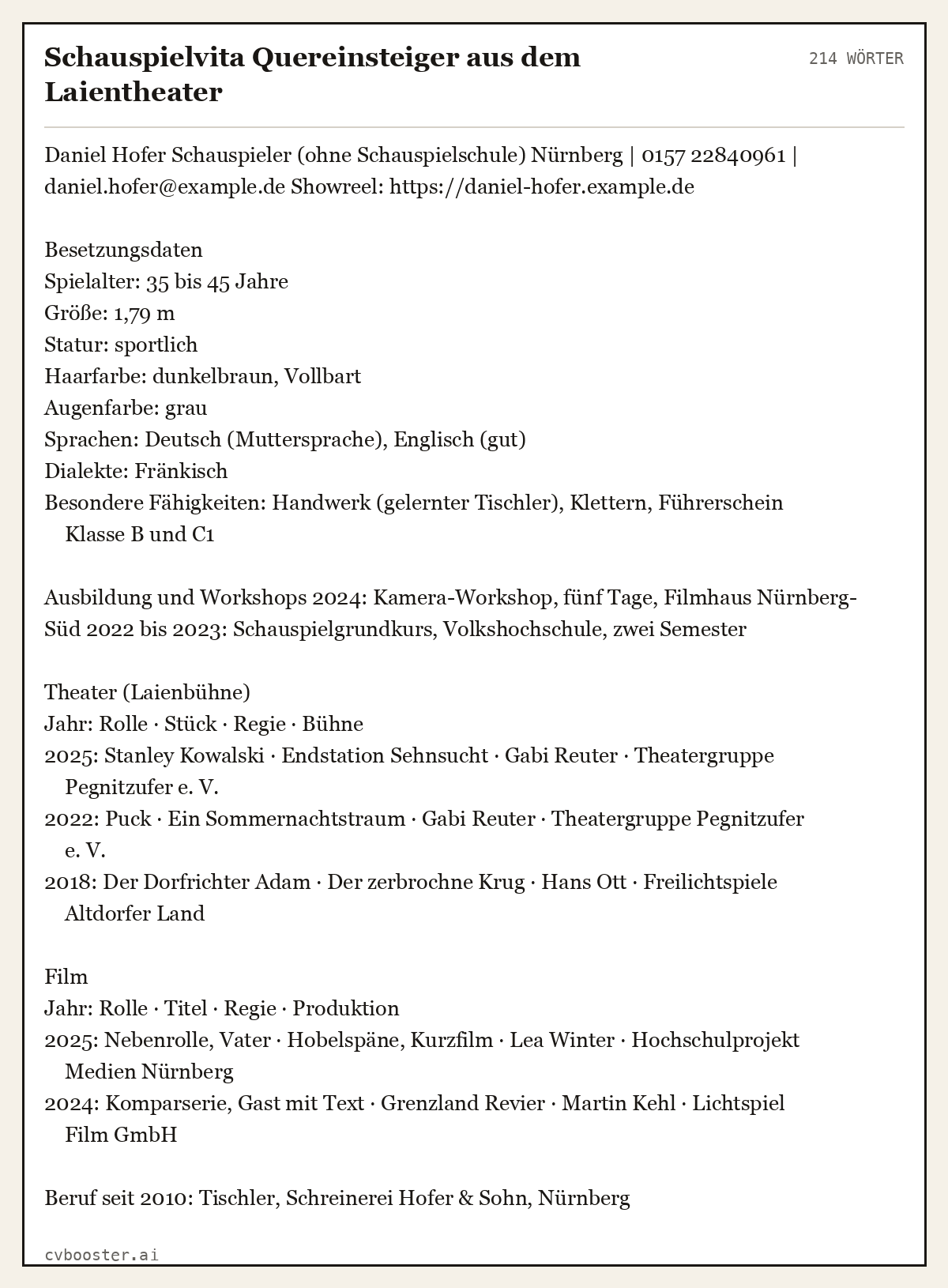 Ausgearbeitetes Beispiel: Schauspielvita Quereinsteiger aus dem Laientheater, 214 Wörter