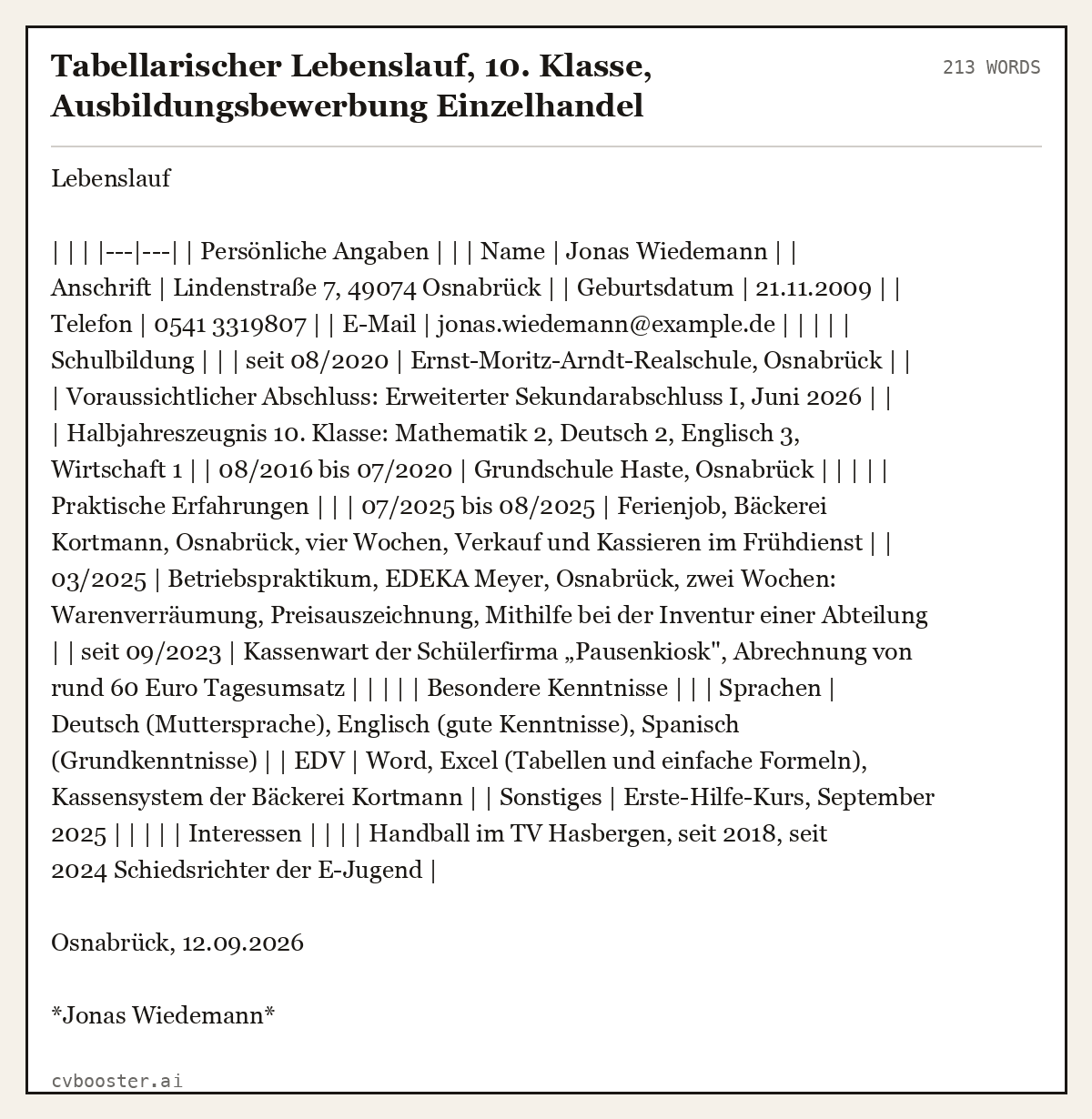 Ausgearbeitetes Beispiel: Tabellarischer Lebenslauf, 10. Klasse, Ausbildungsbewerbung Einzelhandel, 213 Wörter