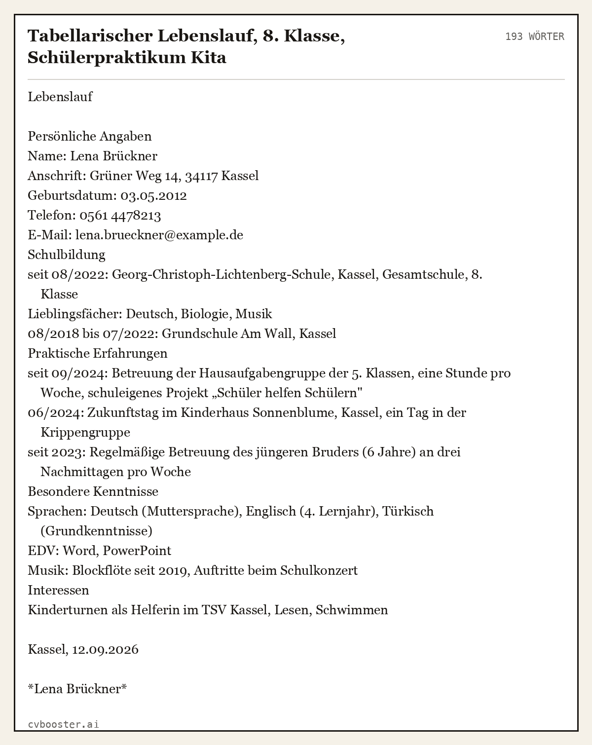 Ausgearbeitetes Beispiel: Tabellarischer Lebenslauf, 8. Klasse, Schülerpraktikum Kita, 193 Wörter
