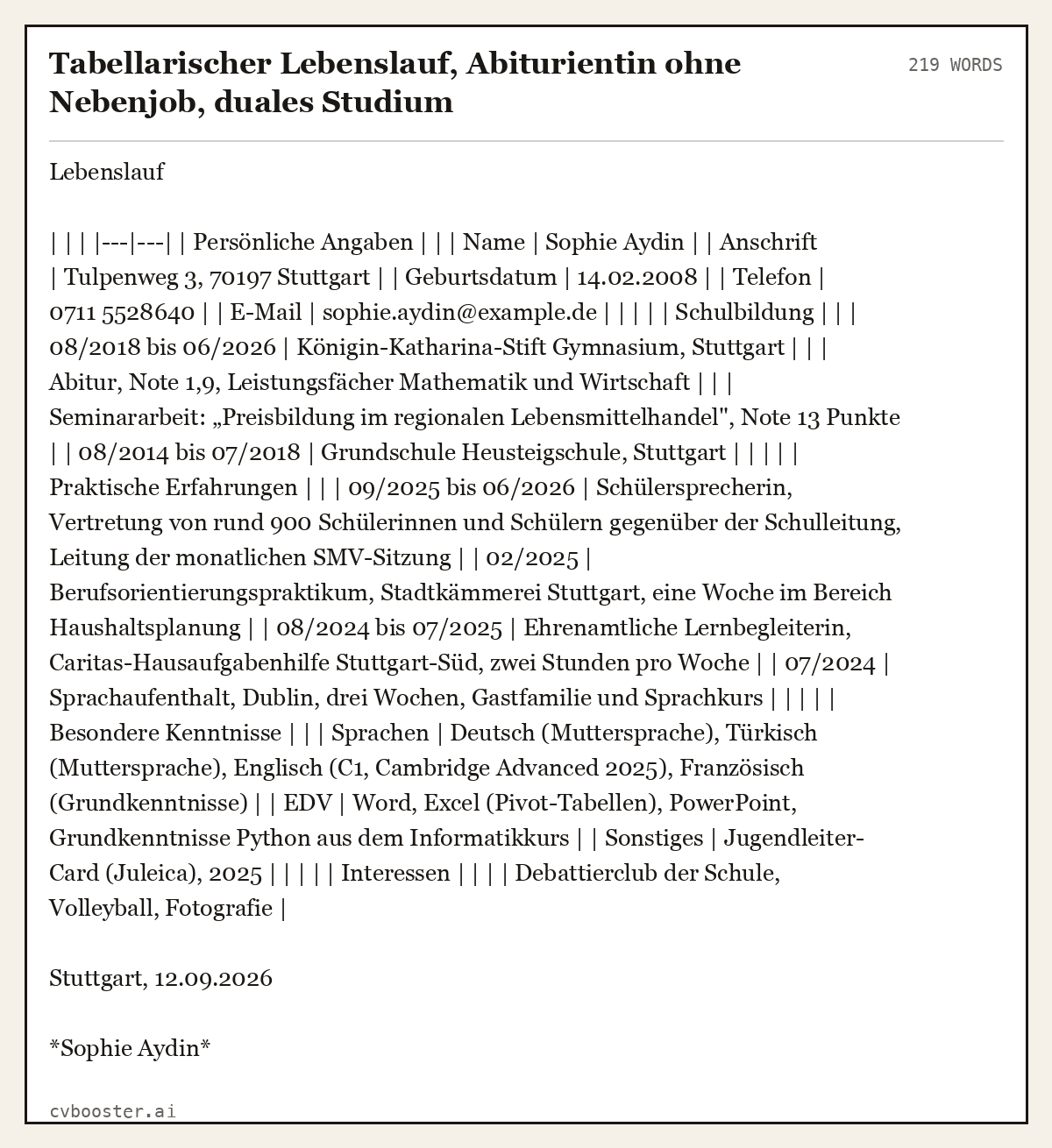 Ausgearbeitetes Beispiel: Tabellarischer Lebenslauf, Abiturientin ohne Nebenjob, duales Studium, 219 Wörter