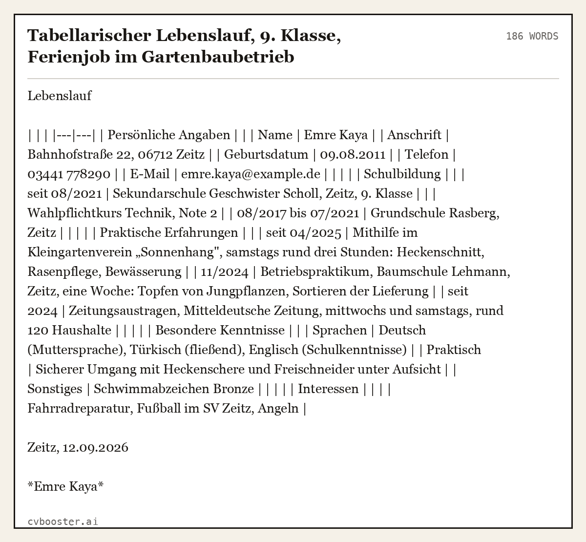 Ausgearbeitetes Beispiel: Tabellarischer Lebenslauf, 9. Klasse, Ferienjob im Gartenbaubetrieb, 186 Wörter