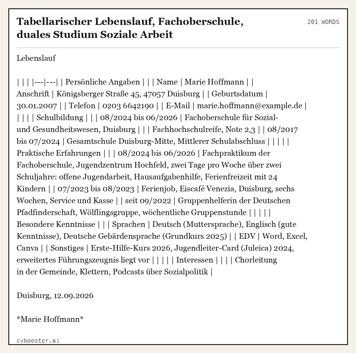 Ausgearbeitetes Beispiel: Tabellarischer Lebenslauf, Fachoberschule, duales Studium Soziale Arbeit, 201 Wörter