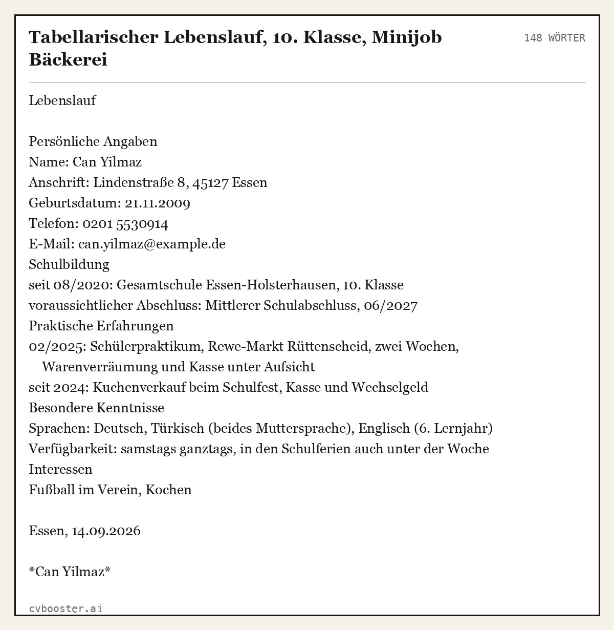 Ausgearbeitetes Beispiel: Tabellarischer Lebenslauf, 10. Klasse, Minijob Bäckerei, 148 Wörter