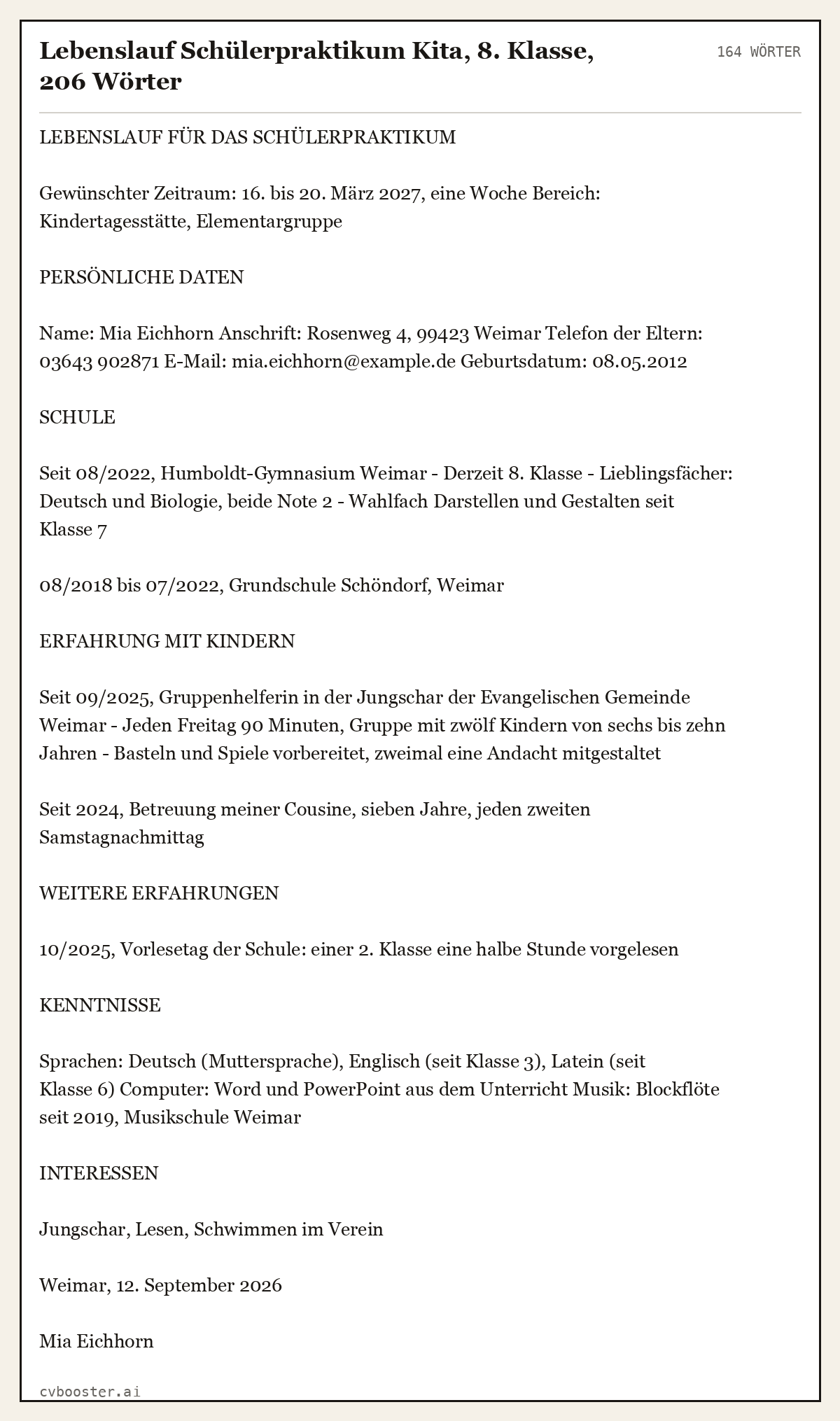 Ausgearbeitetes Beispiel: Lebenslauf Schülerpraktikum Kita, 8. Klasse, 206 Wörter, 164 Wörter