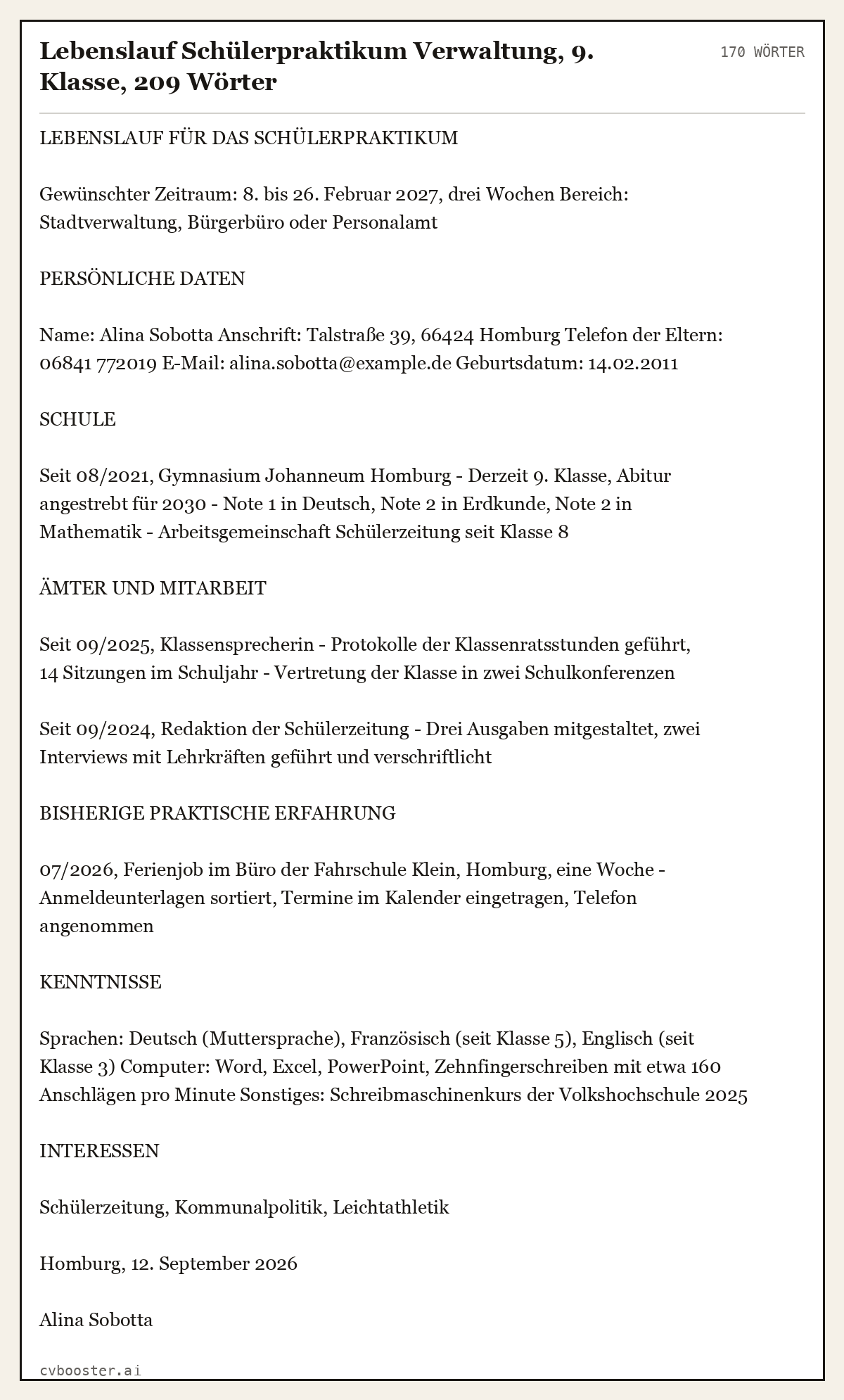 Ausgearbeitetes Beispiel: Lebenslauf Schülerpraktikum Verwaltung, 9. Klasse, 209 Wörter, 170 Wörter