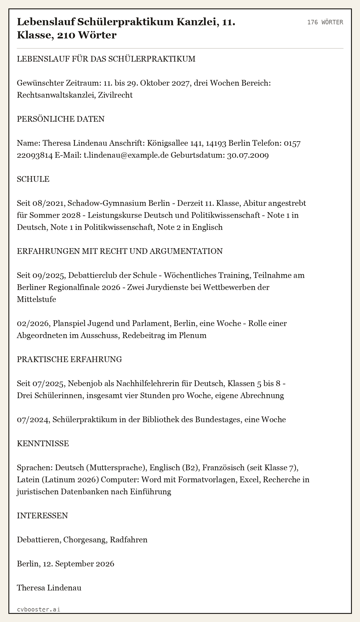 Ausgearbeitetes Beispiel: Lebenslauf Schülerpraktikum Kanzlei, 11. Klasse, 210 Wörter, 176 Wörter