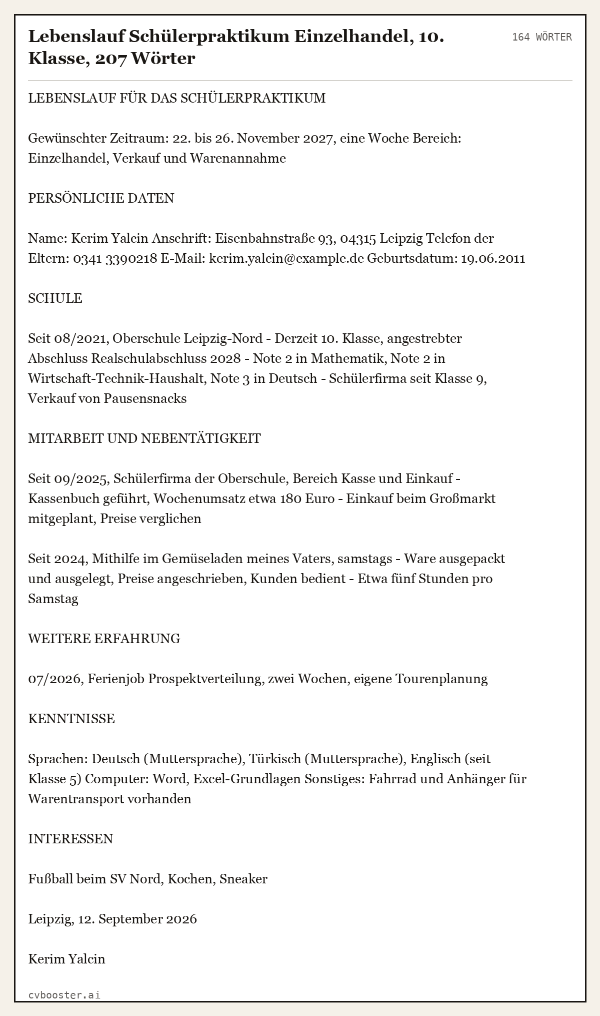 Ausgearbeitetes Beispiel: Lebenslauf Schülerpraktikum Einzelhandel, 10. Klasse, 207 Wörter, 164 Wörter