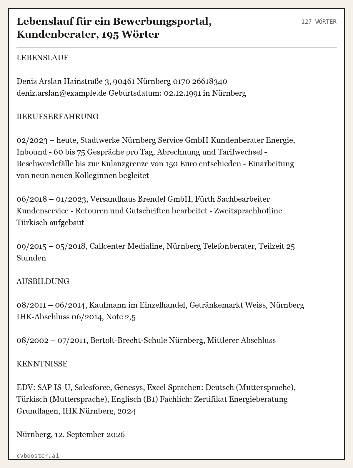 Ausgearbeitetes Beispiel: Lebenslauf für ein Bewerbungsportal, Kundenberater, 195 Wörter, 127 Wörter