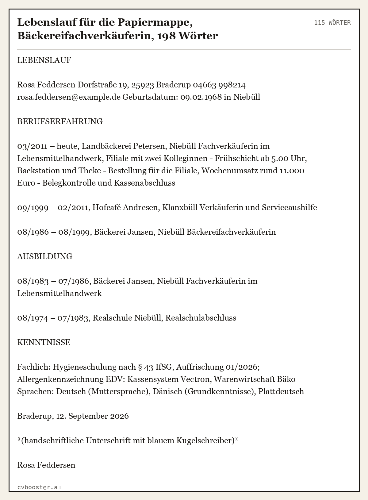 Ausgearbeitetes Beispiel: Lebenslauf für die Papiermappe, Bäckereifachverkäuferin, 198 Wörter, 115 Wörter