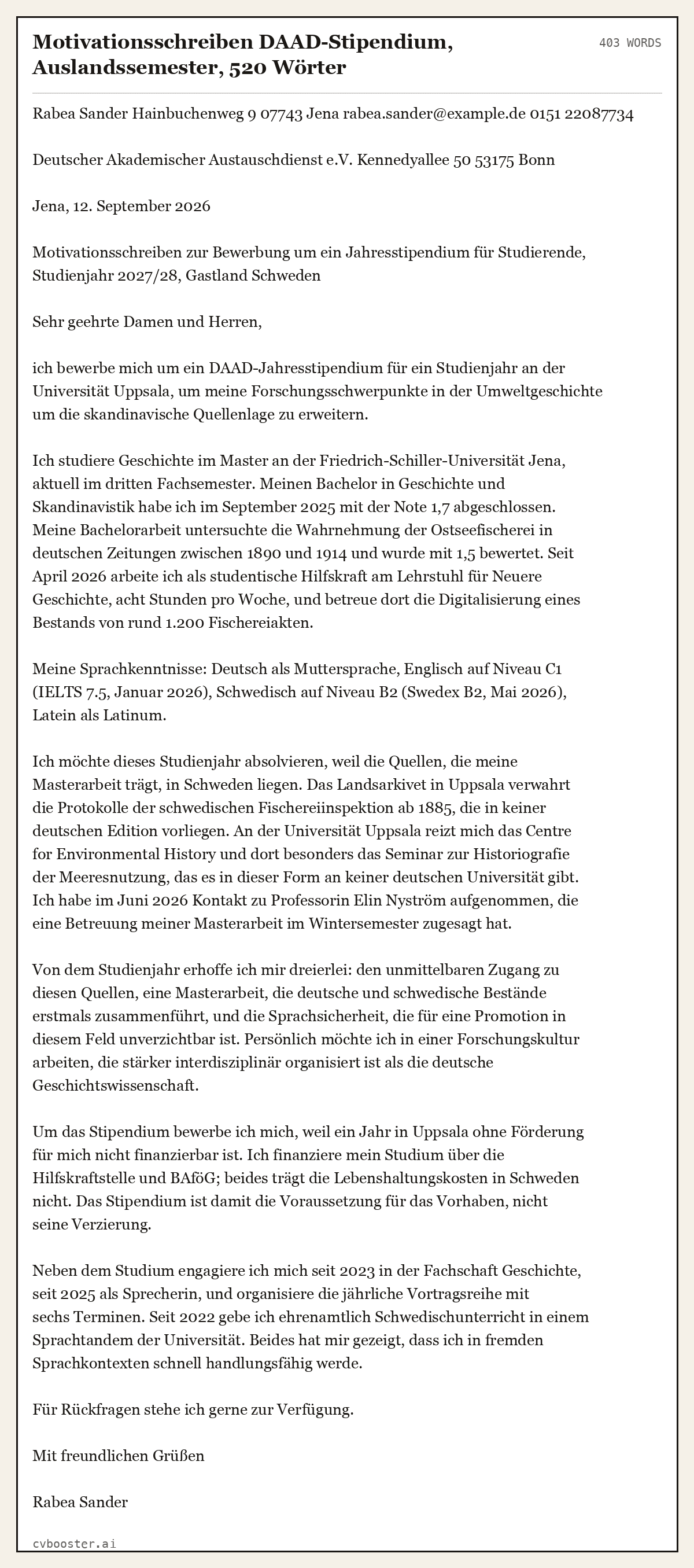 Ausgearbeitetes Beispiel: Motivationsschreiben DAAD-Stipendium, Auslandssemester, 520 Wörter, 403 Wörter