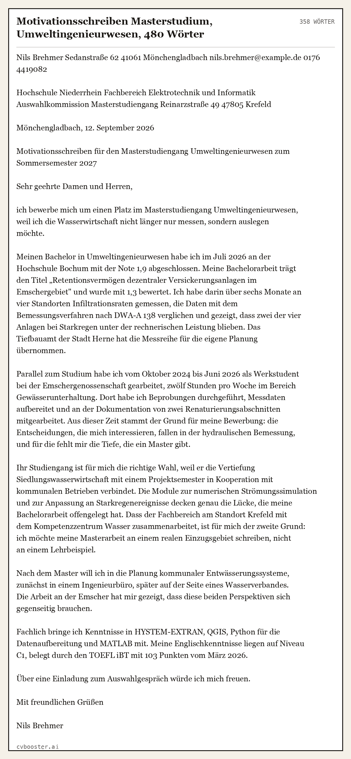 Ausgearbeitetes Beispiel: Motivationsschreiben Masterstudium, Umweltingenieurwesen, 480 Wörter, 358 Wörter