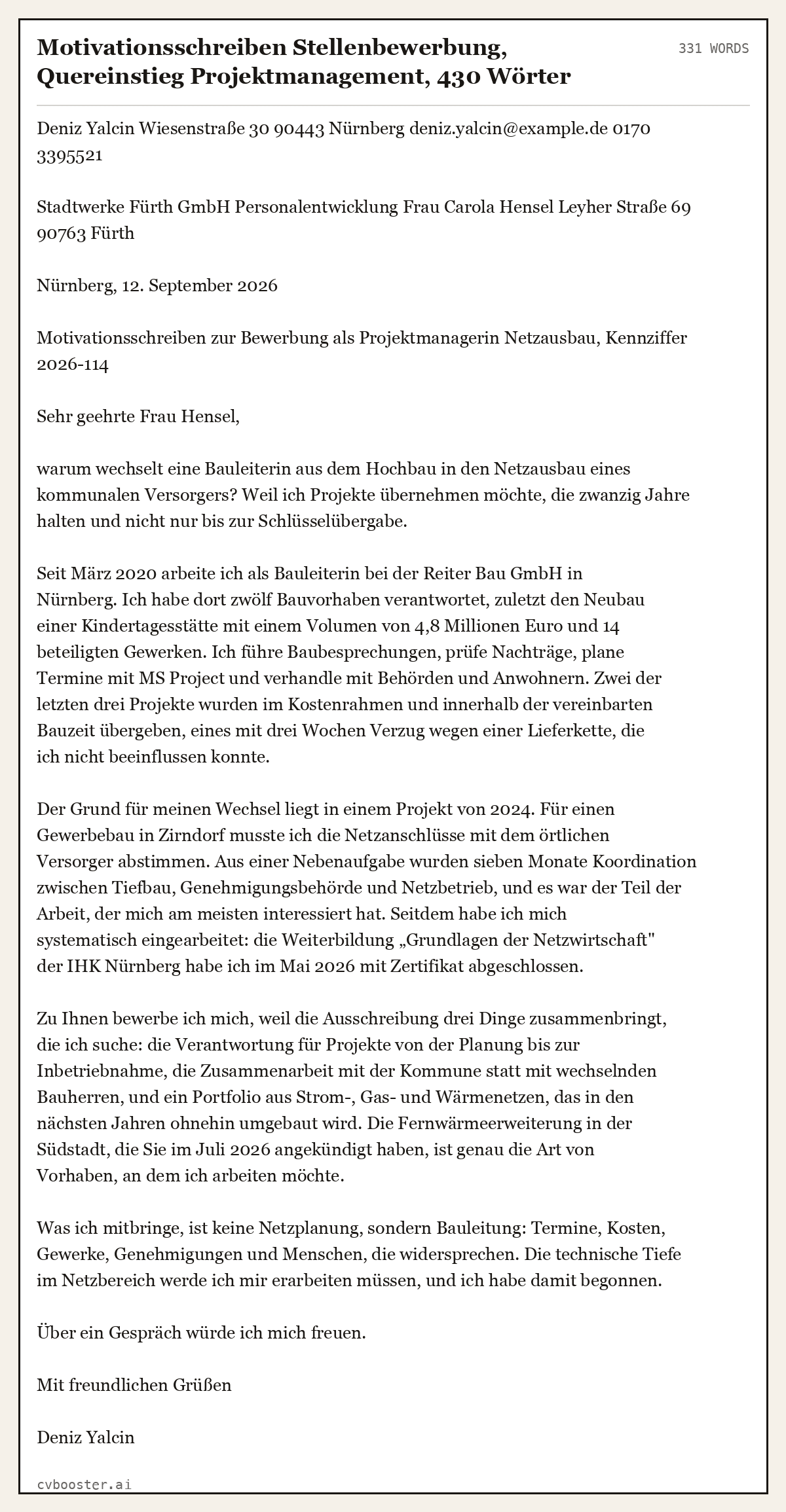 Ausgearbeitetes Beispiel: Motivationsschreiben Stellenbewerbung, Quereinstieg Projektmanagement, 430 Wörter, 331 Wörter