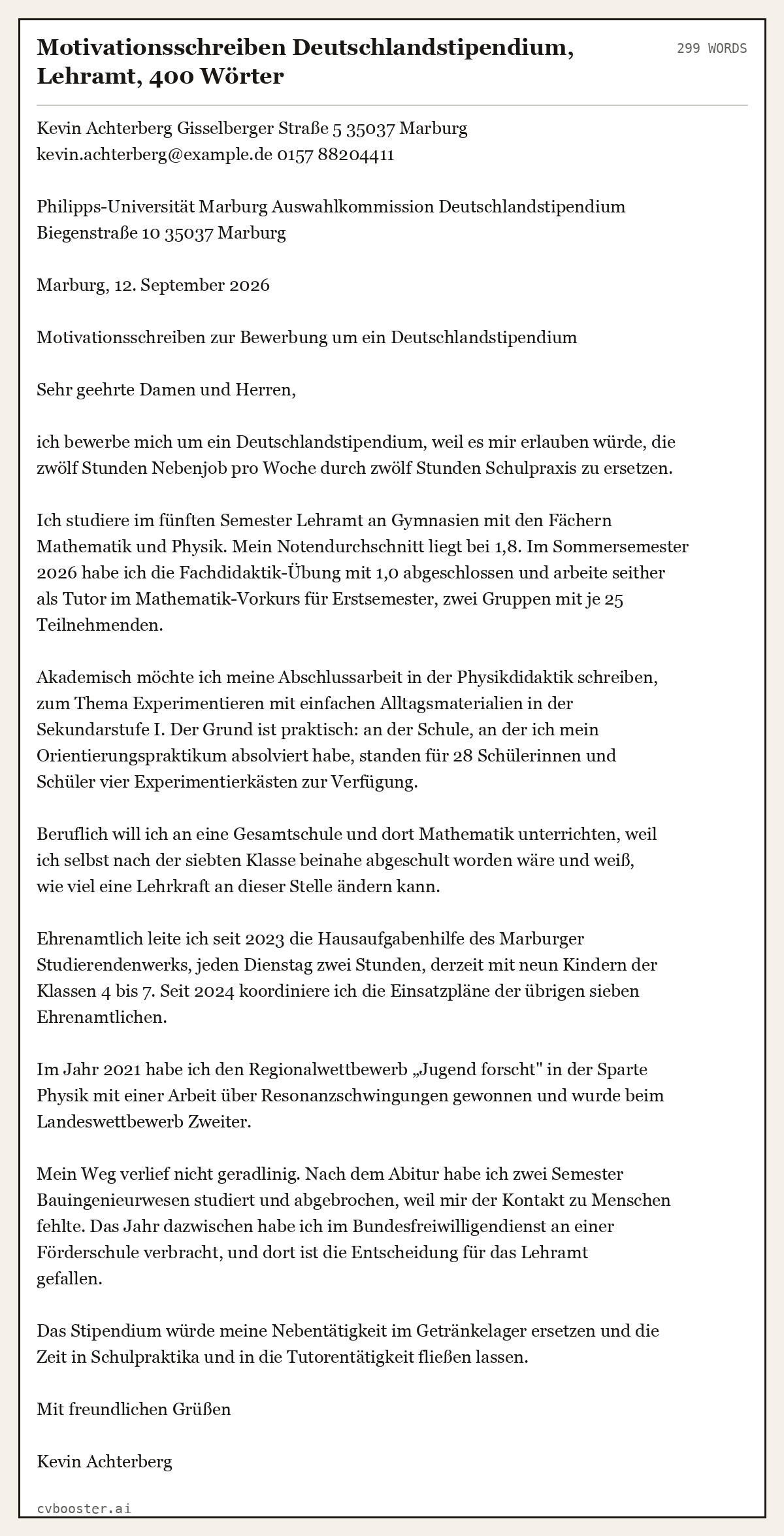 Ausgearbeitetes Beispiel: Motivationsschreiben Deutschlandstipendium, Lehramt, 400 Wörter, 299 Wörter