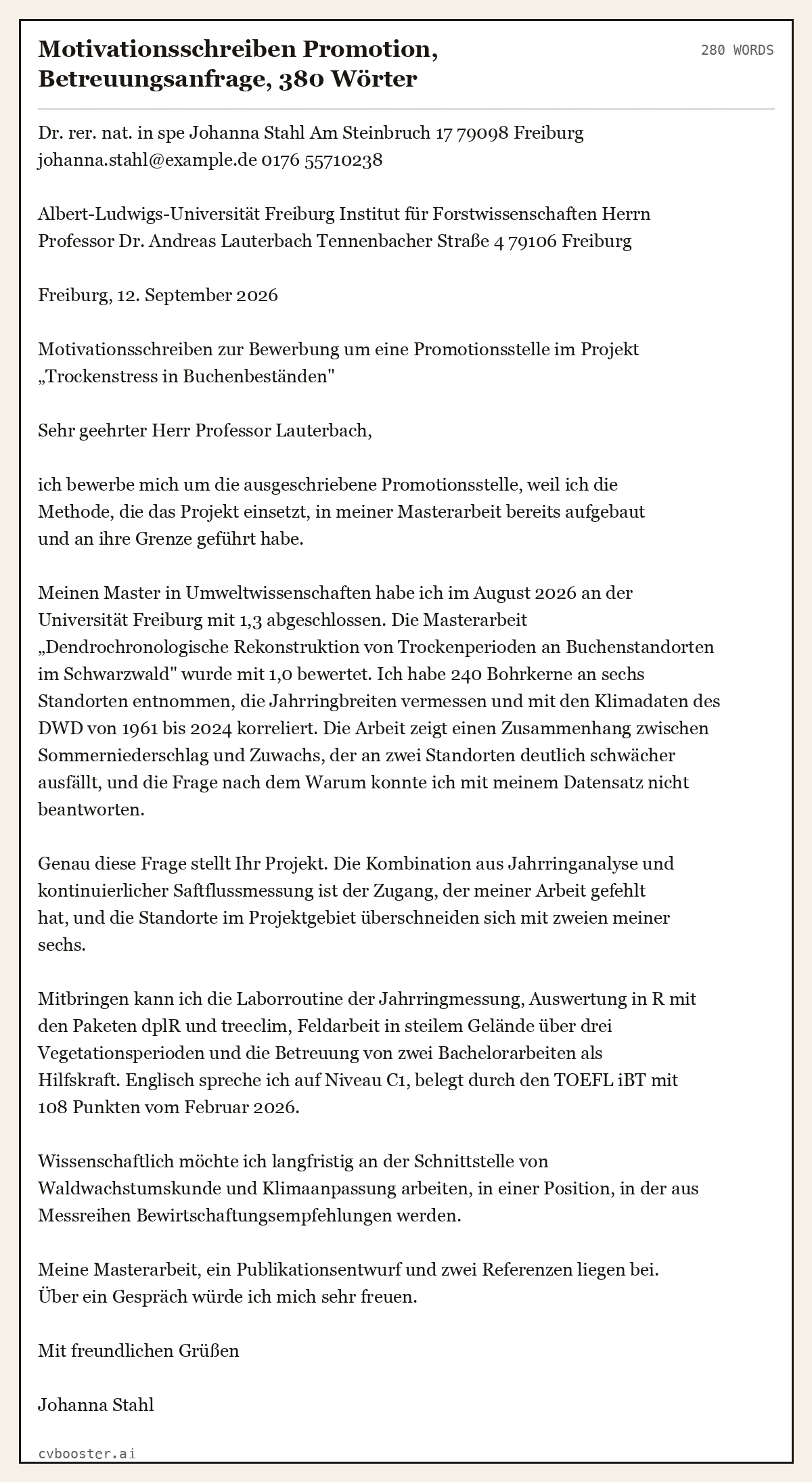 Ausgearbeitetes Beispiel: Motivationsschreiben Promotion, Betreuungsanfrage, 380 Wörter, 280 Wörter