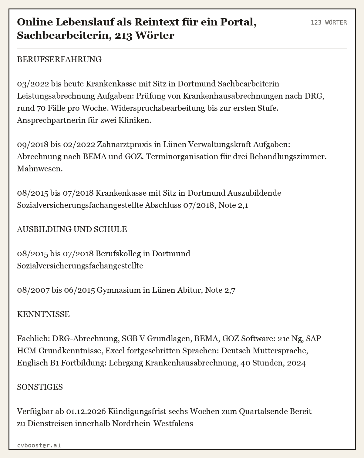 Ausgearbeitetes Beispiel: Online Lebenslauf als Reintext für ein Portal, Sachbearbeiterin, 213 Wörter, 123 Wörter