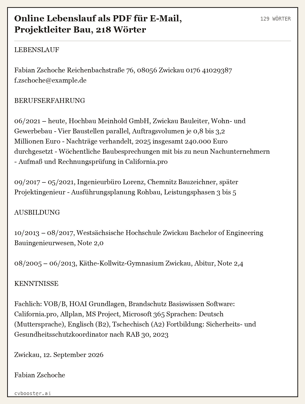 Ausgearbeitetes Beispiel: Online Lebenslauf als PDF für E-Mail, Projektleiter Bau, 218 Wörter, 129 Wörter
