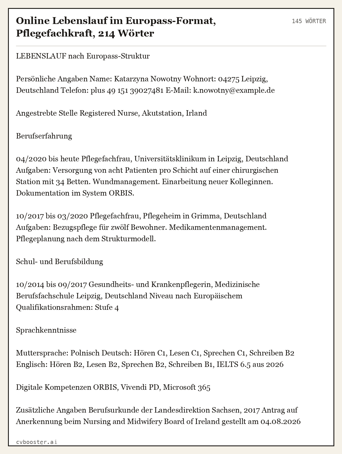 Ausgearbeitetes Beispiel: Online Lebenslauf im Europass-Format, Pflegefachkraft, 214 Wörter, 145 Wörter