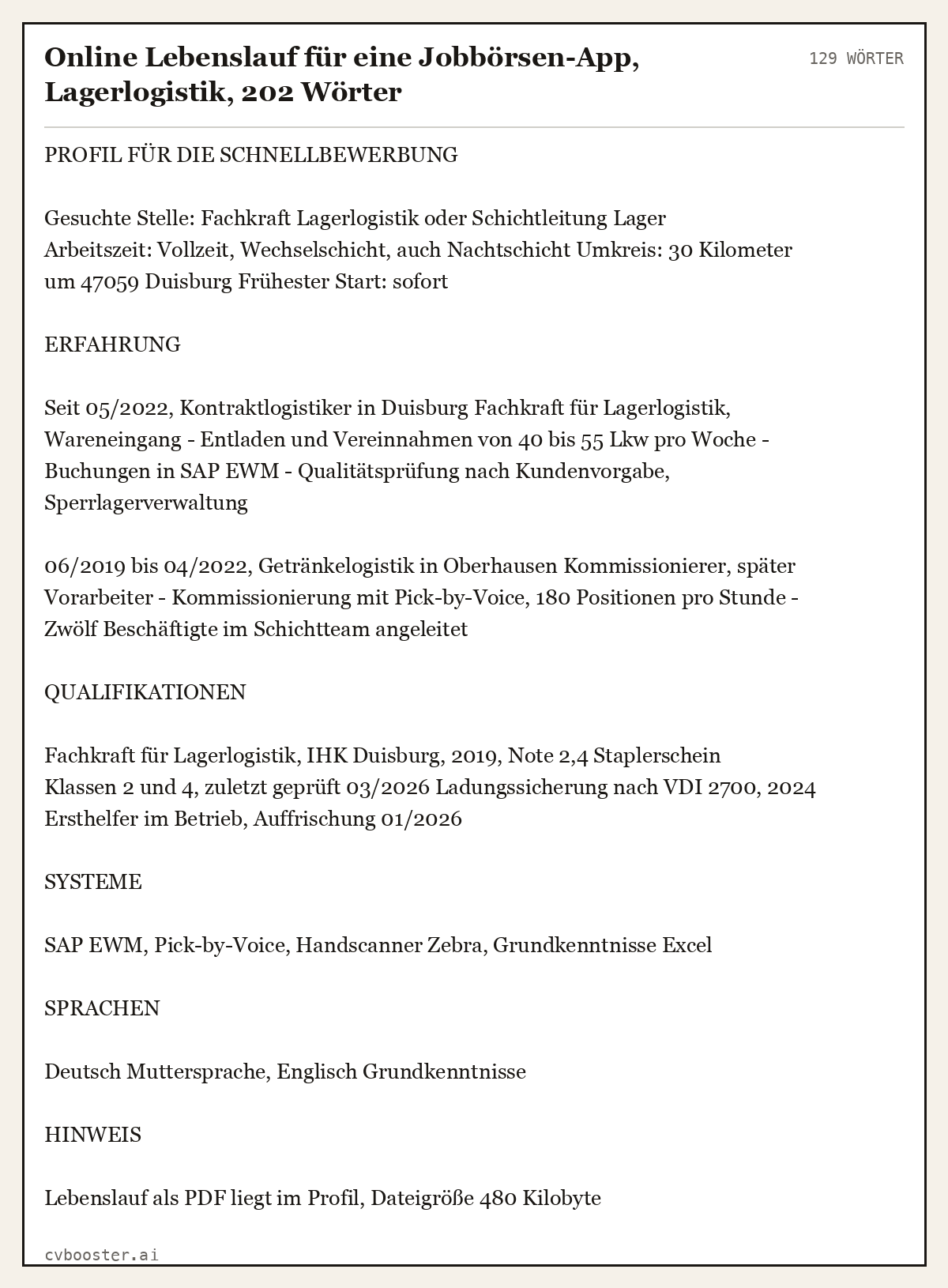 Ausgearbeitetes Beispiel: Online Lebenslauf für eine Jobbörsen-App, Lagerlogistik, 202 Wörter, 129 Wörter