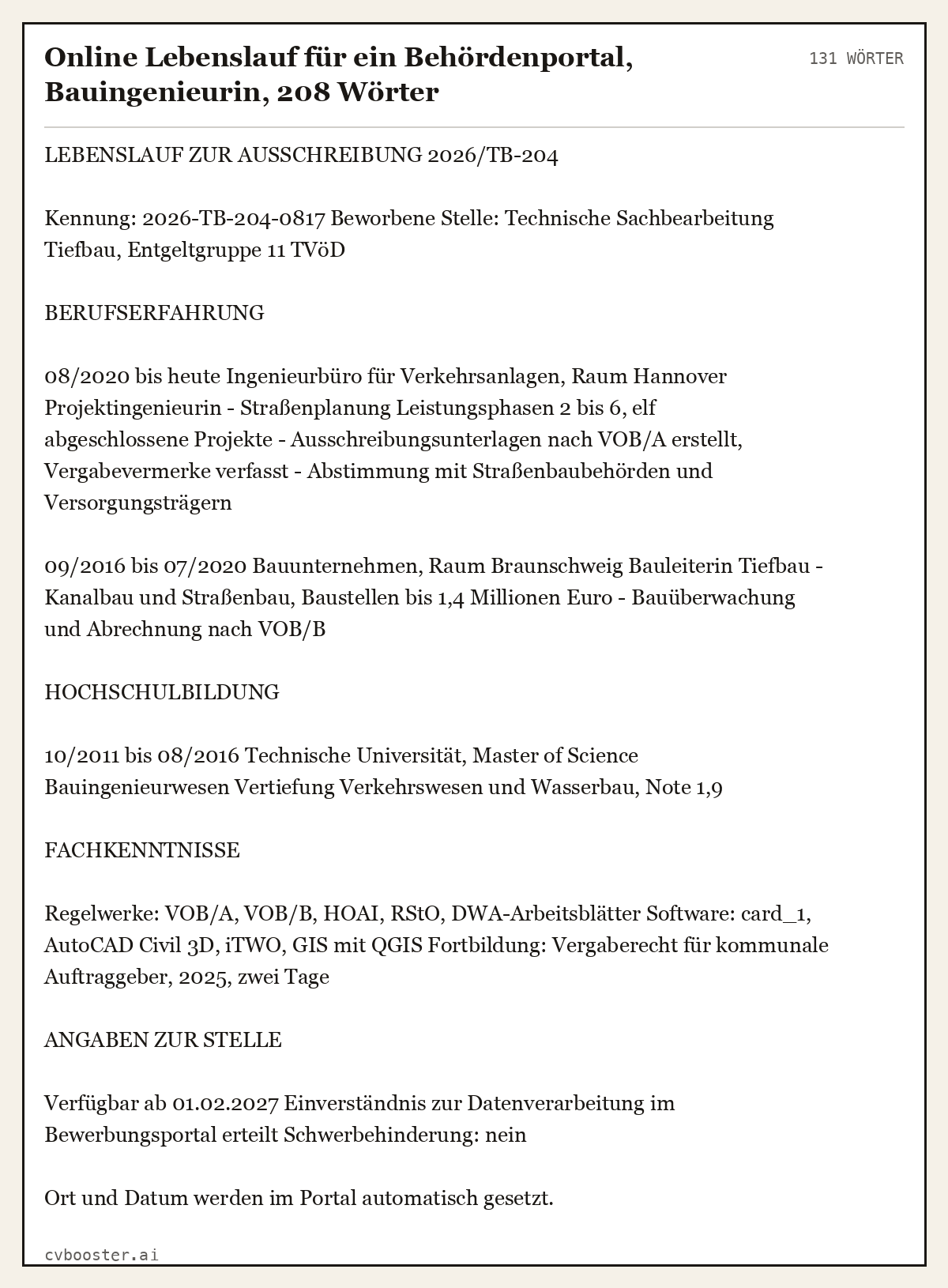 Ausgearbeitetes Beispiel: Online Lebenslauf für ein Behördenportal, Bauingenieurin, 208 Wörter, 131 Wörter