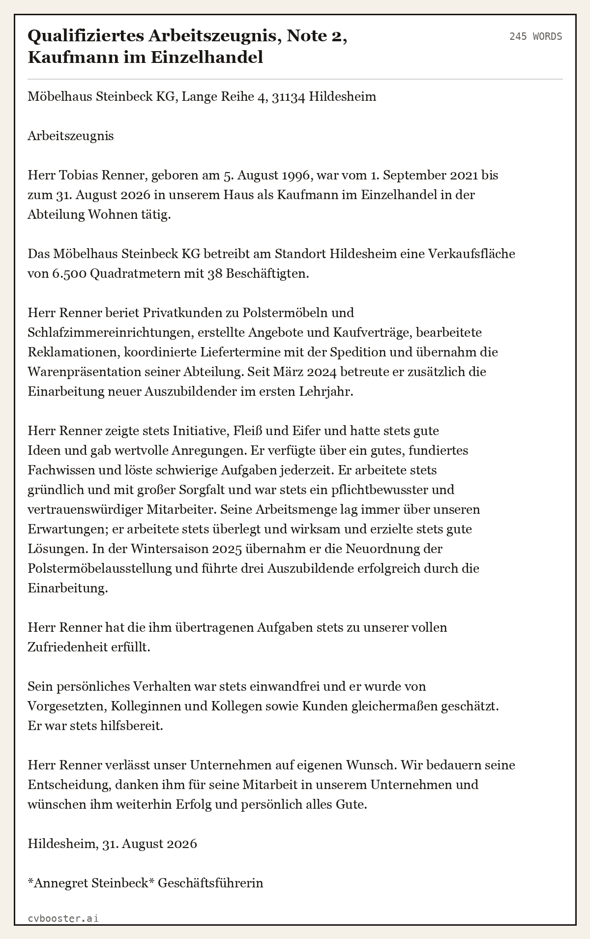 Ausgearbeitetes Beispiel: Qualifiziertes Arbeitszeugnis, Note 2, Kaufmann im Einzelhandel, 245 Wörter
