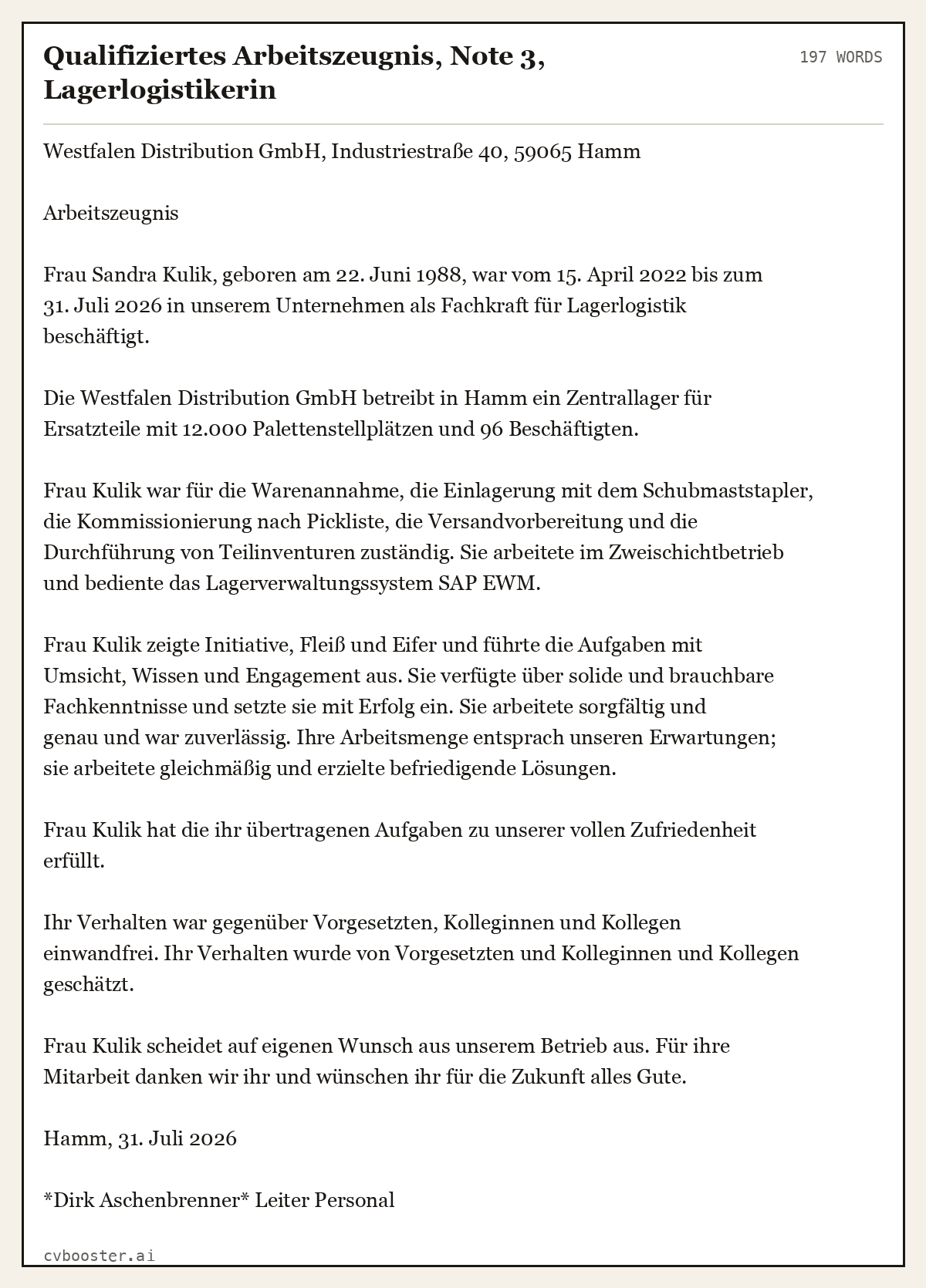 Ausgearbeitetes Beispiel: Qualifiziertes Arbeitszeugnis, Note 3, Lagerlogistikerin, 197 Wörter