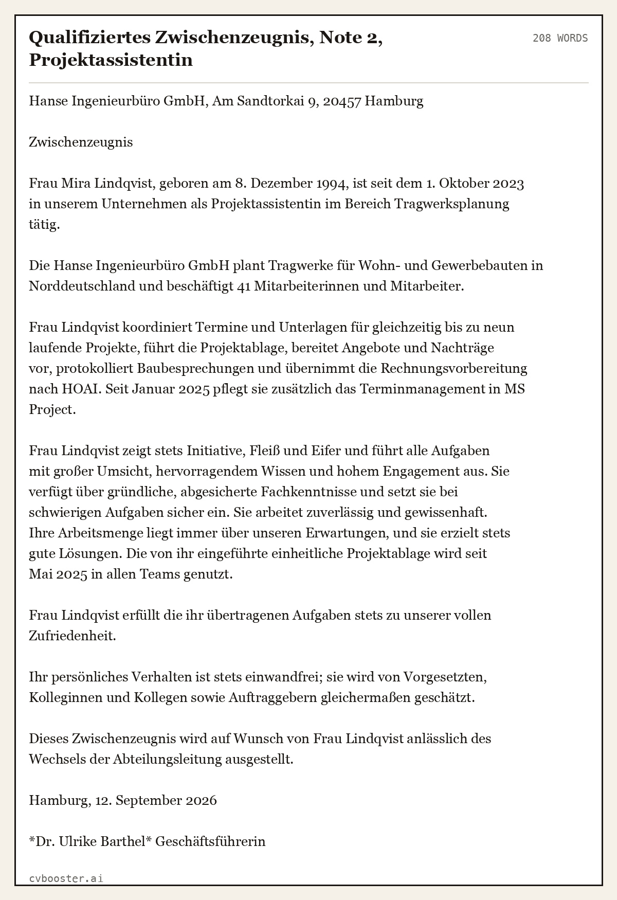 Ausgearbeitetes Beispiel: Qualifiziertes Zwischenzeugnis, Note 2, Projektassistentin, 208 Wörter