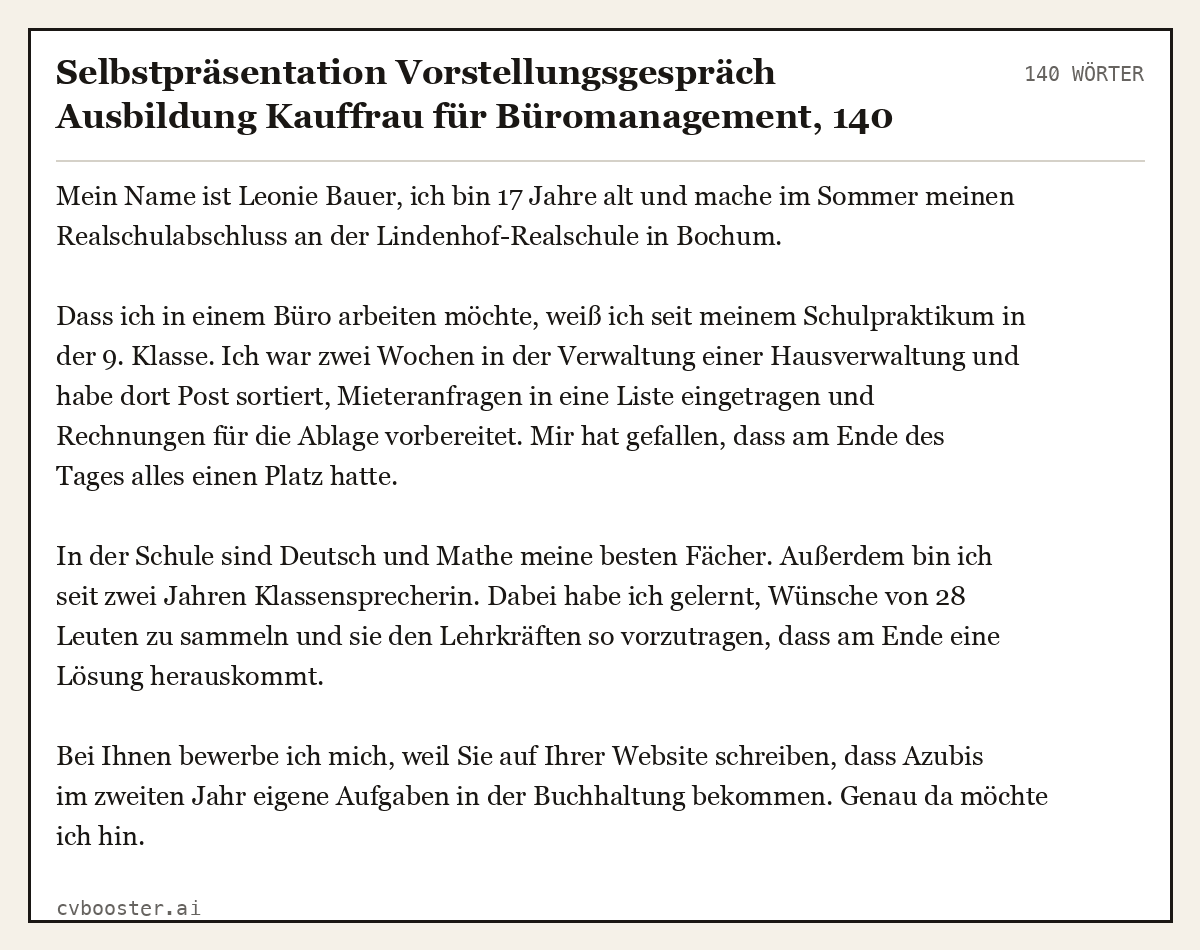 Ausgearbeitetes Beispiel: Selbstpräsentation Vorstellungsgespräch Ausbildung Kauffrau für Büromanagement, 140 Wörter
