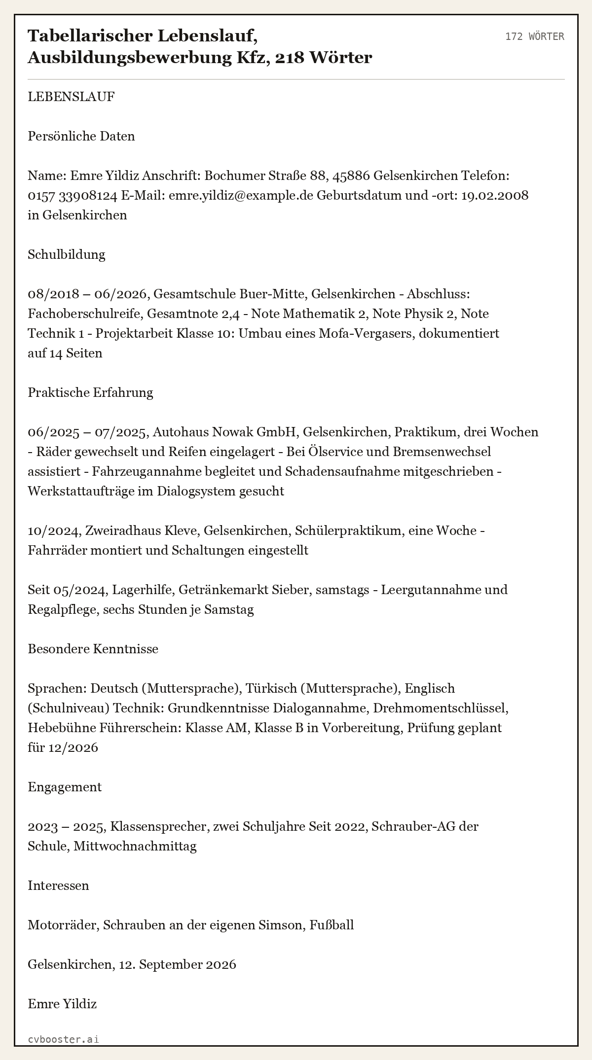Ausgearbeitetes Beispiel: Tabellarischer Lebenslauf, Ausbildungsbewerbung Kfz, 218 Wörter, 172 Wörter