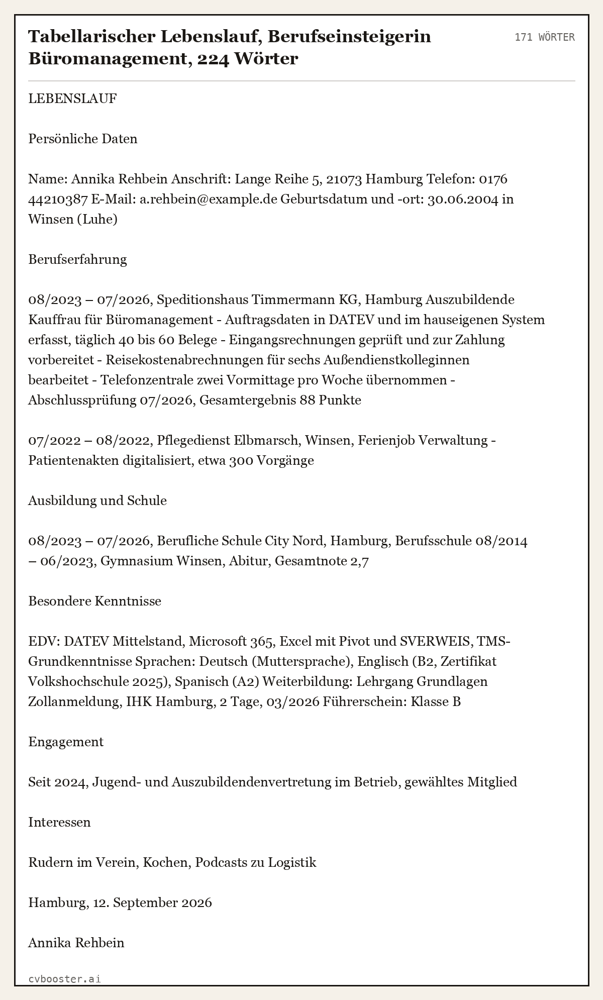 Ausgearbeitetes Beispiel: Tabellarischer Lebenslauf, Berufseinsteigerin Büromanagement, 224 Wörter, 171 Wörter